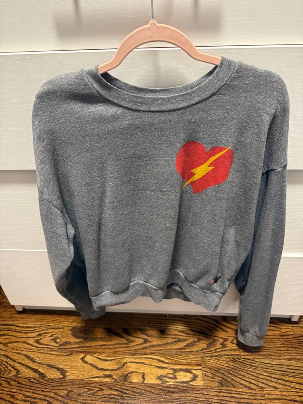 Aviator Nation Gray Crewneck Sweatshirt with Red Heart & Yellow Lightning